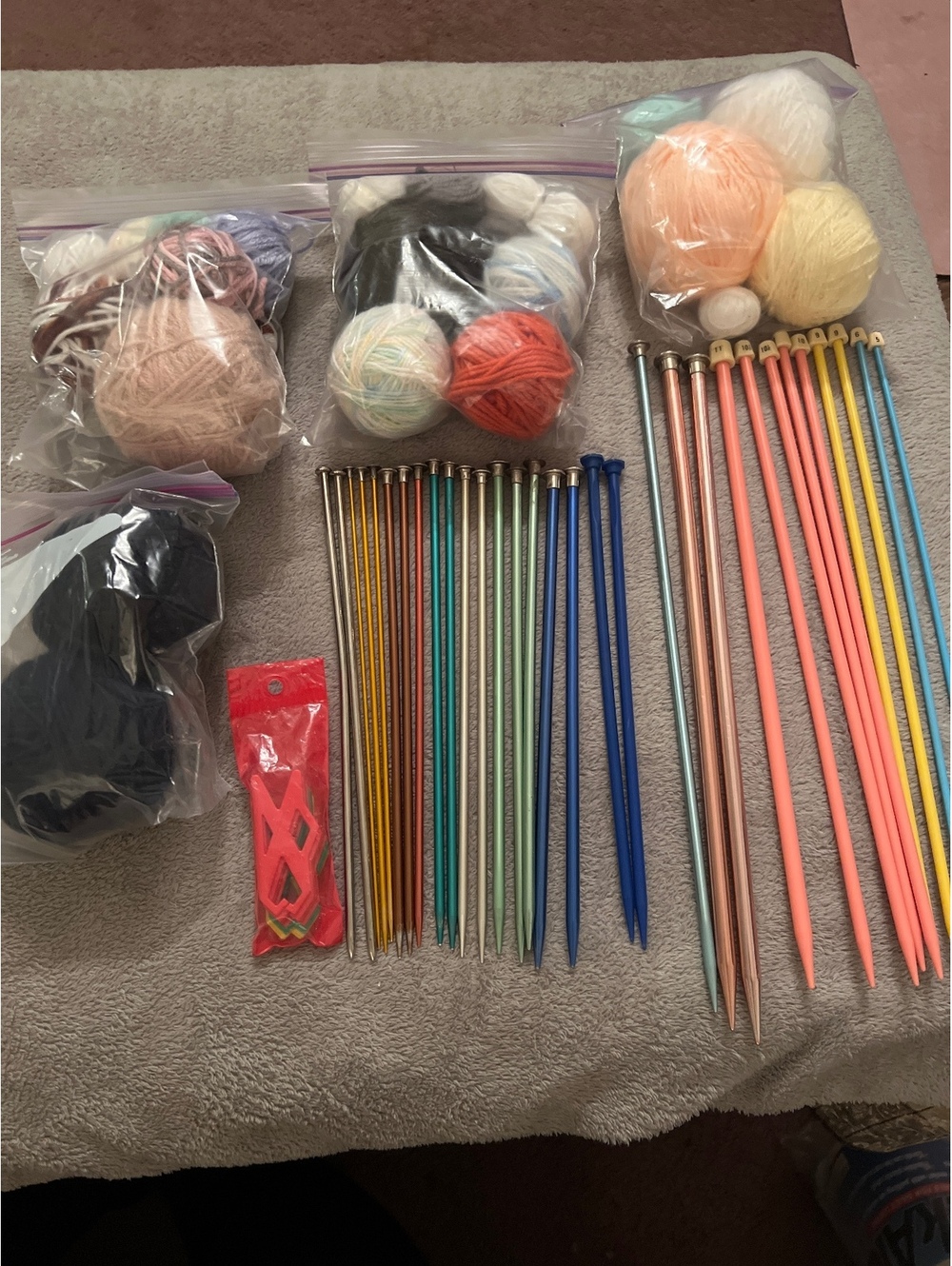 Knitting Needles and Yarn Lot with Stitch Markers